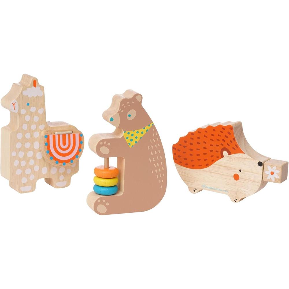 imageManhattan Toy Musical Forest Trio 3 Piece Wooden Toy Set for Toddlers with Bear Rattle Llama Clacker ampamp Hedgehog Guiro