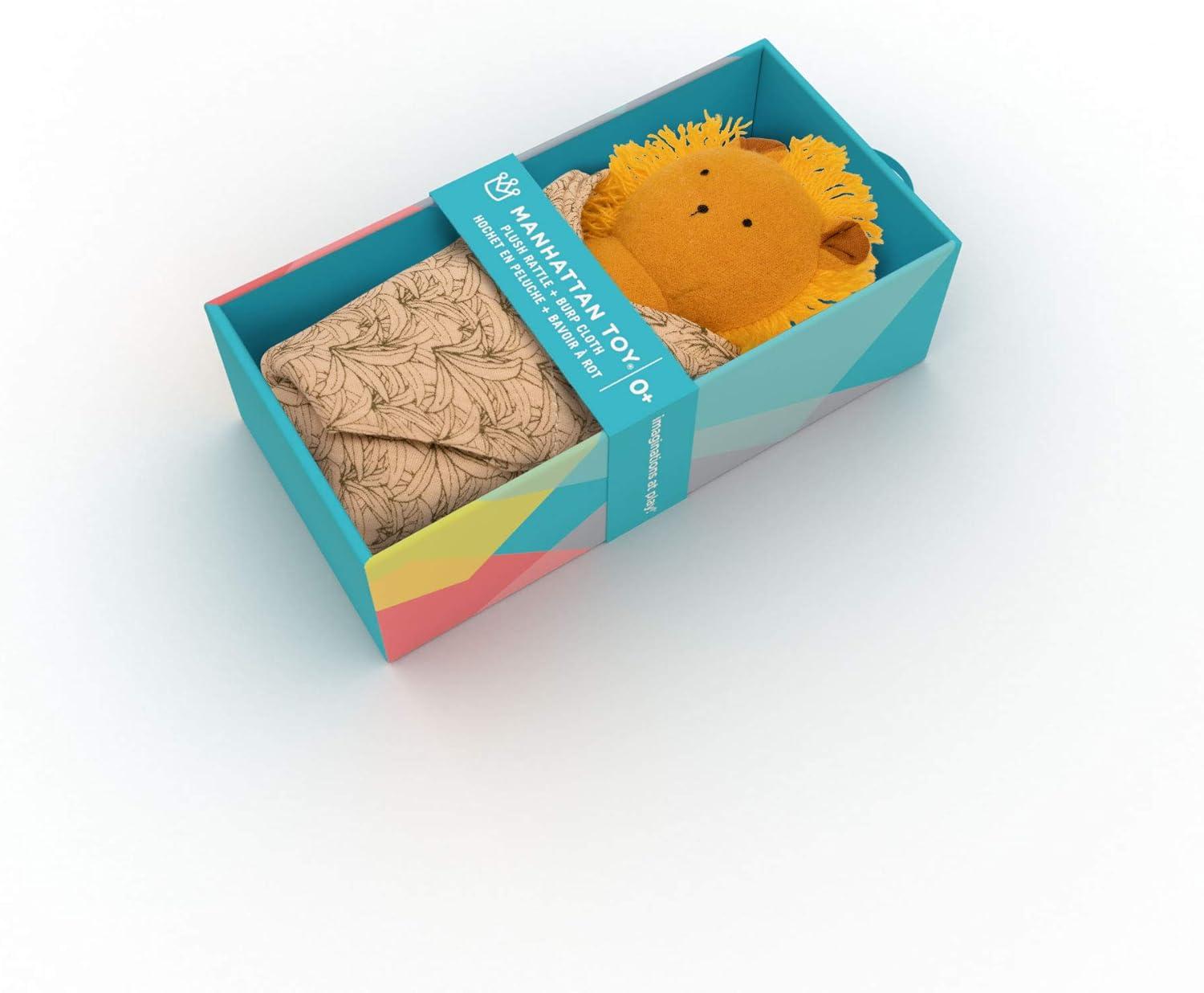 imageManhattan Toy Embroidered Plush Bunny Baby Rattle  Soft Cotton Burp Cloth 16 x 16 InchesLion