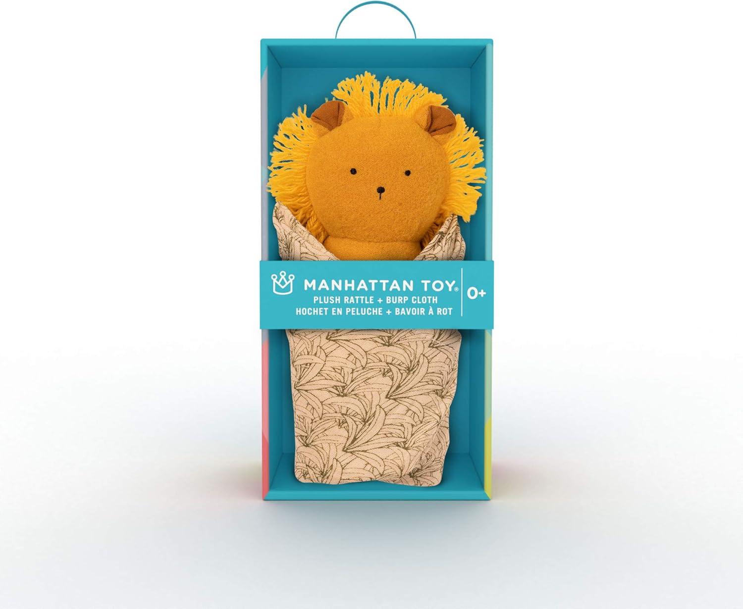 imageManhattan Toy Embroidered Plush Bunny Baby Rattle  Soft Cotton Burp Cloth 16 x 16 InchesLion