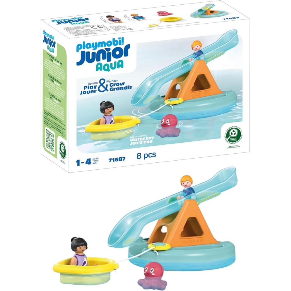 imagePlaymobil 71689 Junior Aqua Grand Toboggan Aquatique et Animaux Marins incluant Un bb Requin des Poissons et Une Pieuvre Jouet fabriqu partir de matire dorigine vgtale Ds 12 Moisle de bain avec toboggan aquatique