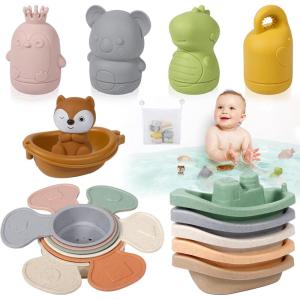 Jouet de Bain Bébé 17 Pièces – 4 Jouets de Bain en Silicone, 6 Gobelets d’Empilage, 5 Bateaux, 1 Barque avec Renard & Filet 37×47 cm – Jouet Bain Bébé pour Baignoire & Douche