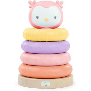 Ingenuity: ity by Ingenuity, Jouets à empiler Cutie Stacks, Nate, 4 Anneaux sans BPA, Support en imitation bois, Tête d&rsquo;ours, Enfants de 6 mois et plus(Nally)