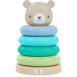 Ingenuity: ity by Ingenuity, Jouets à empiler Cutie Stacks, Nate, 4 Anneaux sans BPA, Support en imitation bois, Tête d&rsquo;ours, Enfants de 6 mois et plus(Nate)