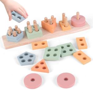 Jouet Montessori à Empiler et Tri pour Bébé et Enfant 3 Ans – Jouets d&rsquo;Activité et de Développement en Bois – Couleurs Pastel – Jeux Montessori Éducatifs pour Tout-Petits – Cadeau d&rsquo;Anniversaire(Geometric classification cognition)