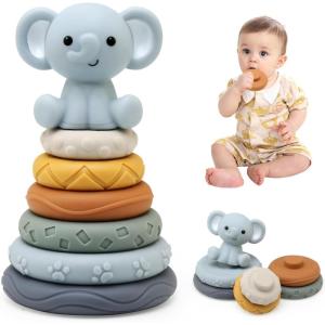 LEADSTAR Tour Souple Empilable, Jouet Sensoriel Eveil Bebe Jeux Montessori, Cube D&rsquo;activité Bébé Module Motricité, Educatif Cadeau de Bain et Dentition pour Bebe Enfant 6 9 12 Mois (Blue)(Bleu)