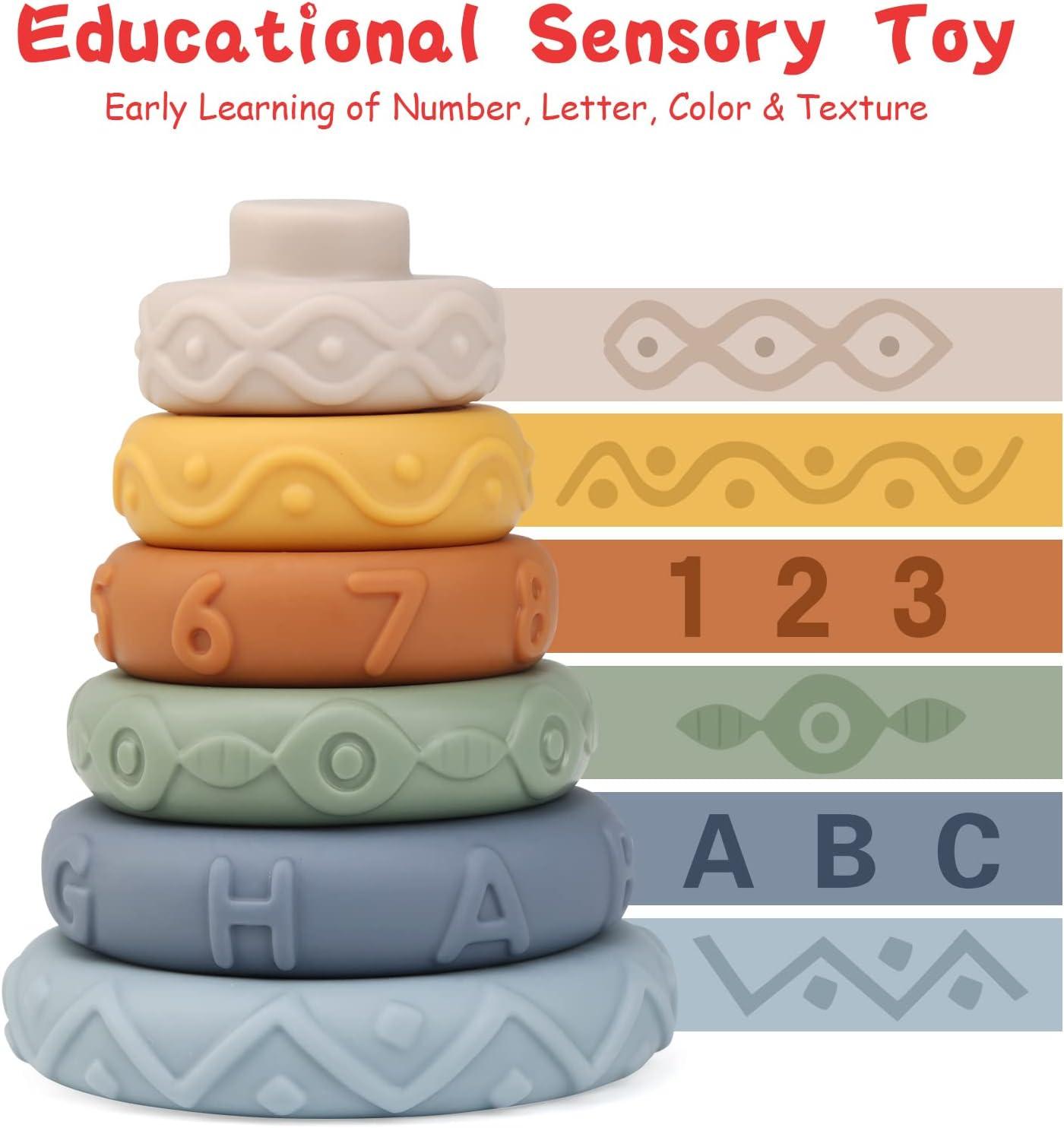 imageJoyPlus Jeux Montessori Bebe Eveil 6 Mois 7 Pices Jouets Empilables avec Anneaux Tour Souple Empilable Cube dactivit Bb Jouets Sensoriel Dentition pour Bb Jeux Educatif pour Bebe 6 Mois