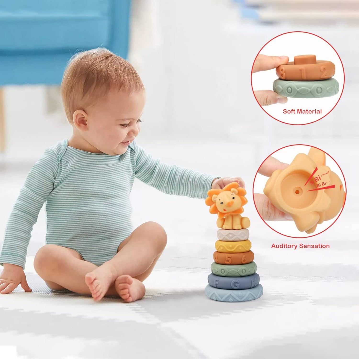 imageJoyPlus Jeux Montessori Bebe Eveil 6 Mois 7 Pices Jouets Empilables avec Anneaux Tour Souple Empilable Cube dactivit Bb Jouets Sensoriel Dentition pour Bb Jeux Educatif pour Bebe 6 Mois