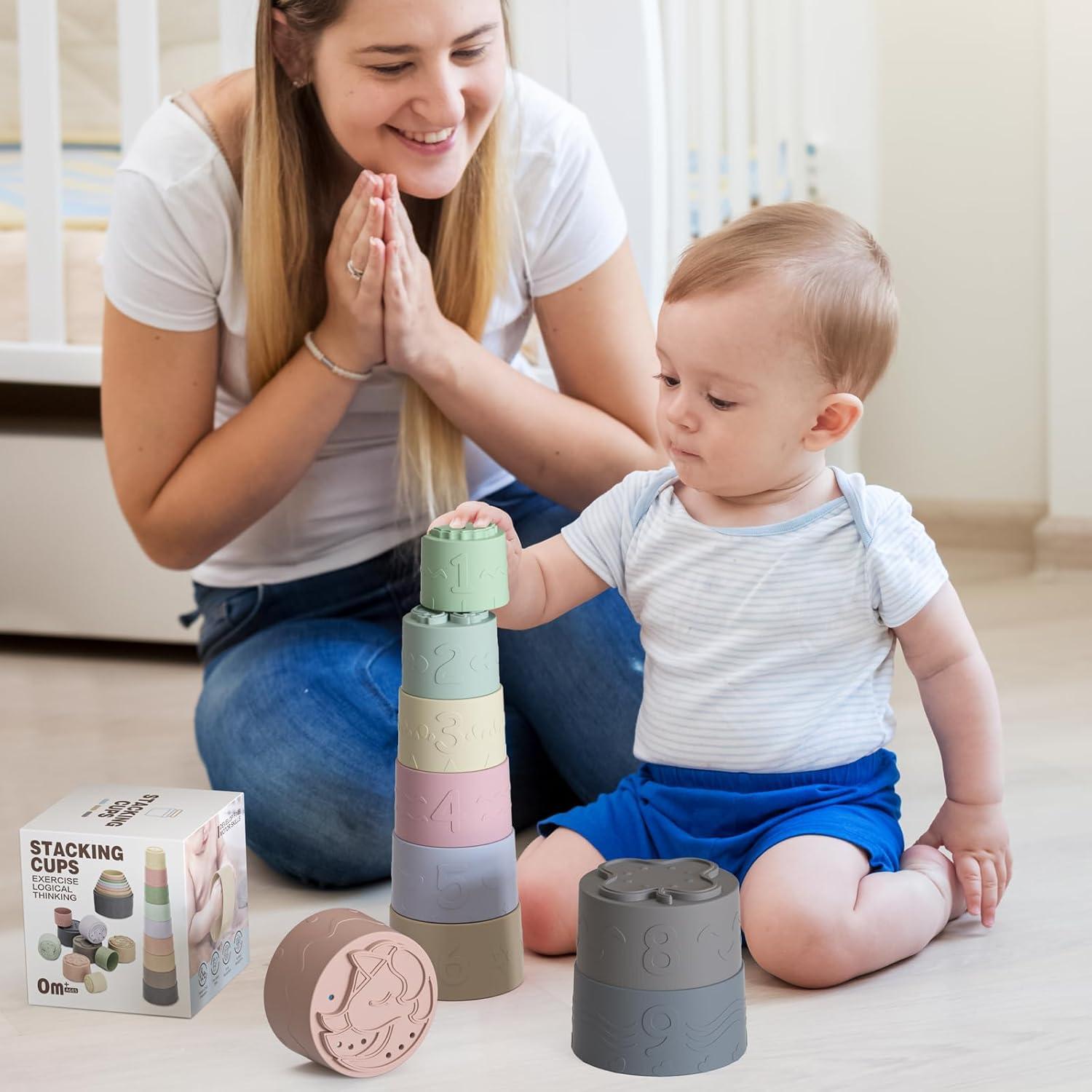 imageLot de 9 Jouet Tasses Empilable pour bb 12 18 Mois ducatif Enfant Construction Jeux Jouets de Bain pour Dvelopper La Motricit Fine et Couleurs ampamp Nombres Cadeau pour 6 Mois Garons Filles
