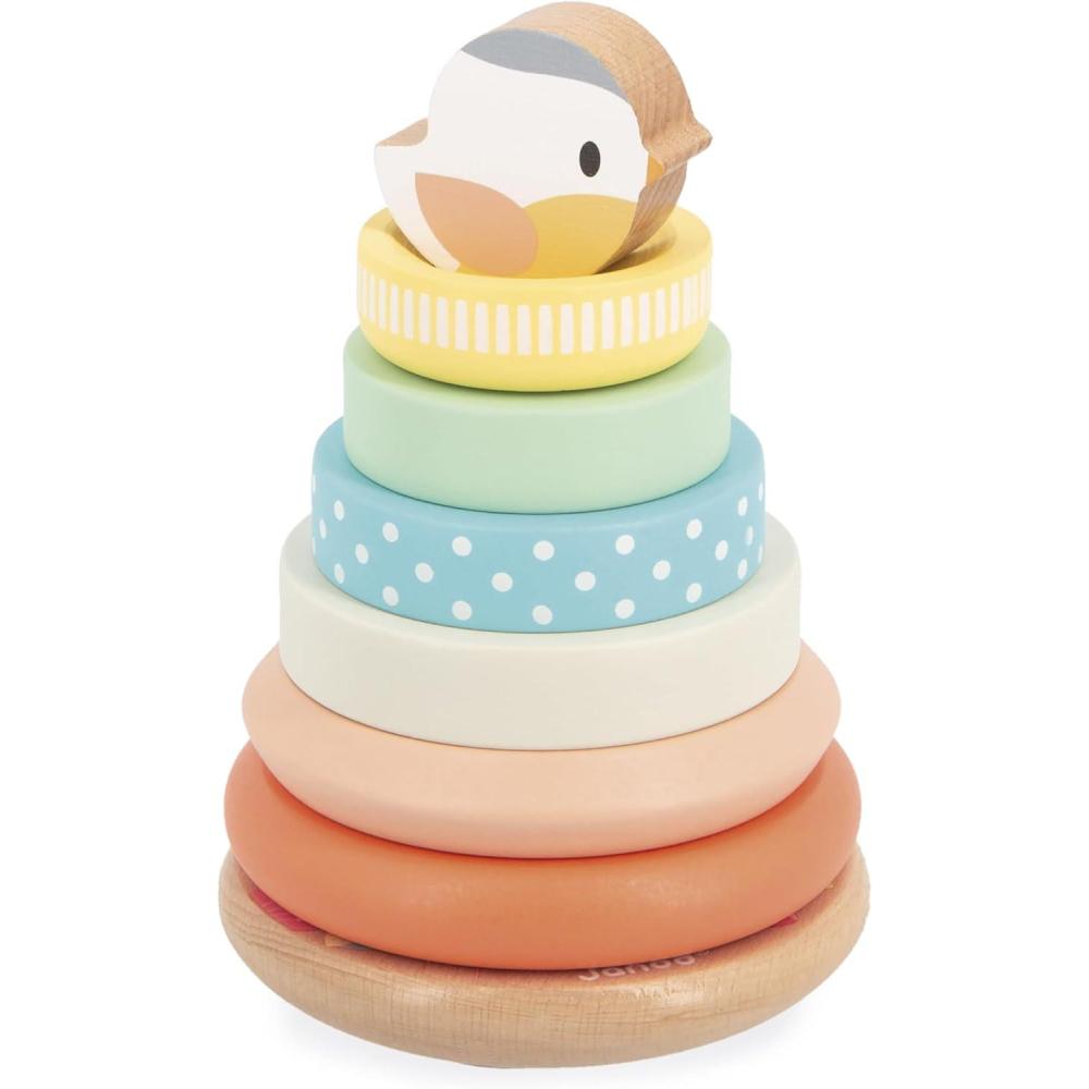 imageJanod Empilable Culbuto en Bois Oiseau Jouet dEveil en Bois 7 Pices Empiler Tour empiler Base mouvante Jouet bb Ds 1 an J05145