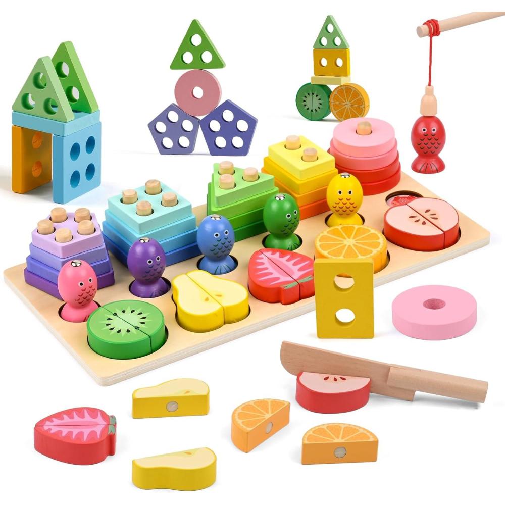 imageJeux Montessori en Bois Jouet Empiler et de Tri Avec 20 Blocs Gomtriques Jeux de Pche Puzzles Trier Les Formes Cadeau pour Fille Garon Bbs 2 3 4 Ans BB