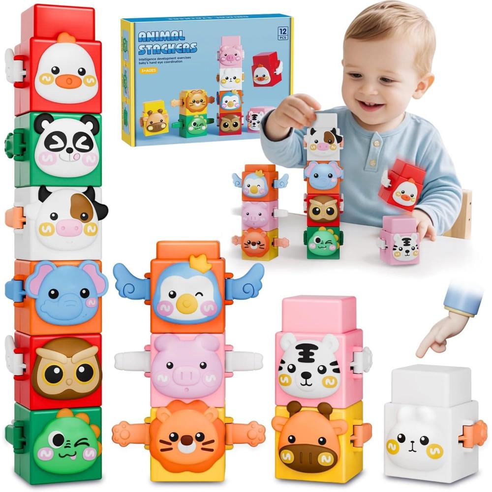 imageJouets danimaux Empilables Jouet Dempilement Cube Jouets dapprentissage Empiler pour Animaux 12Stk Blocs Dempilage danimaux pour Le Dveloppement des Compt