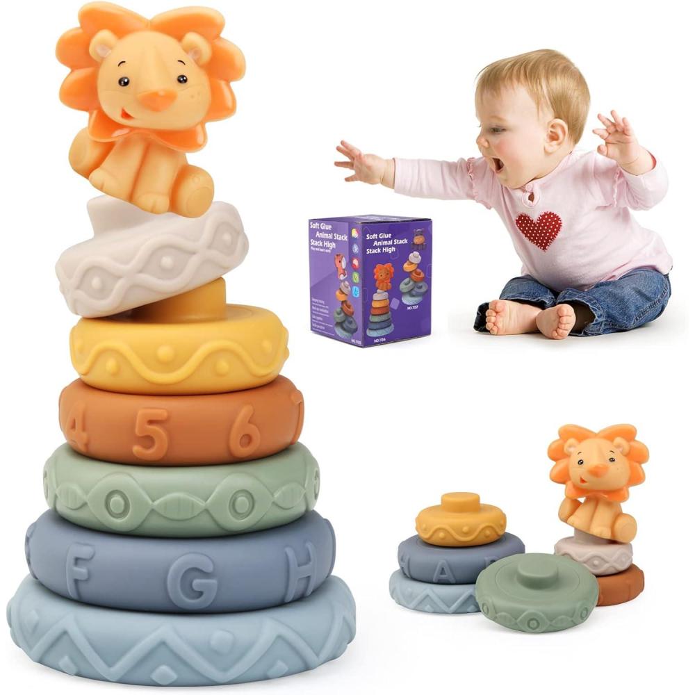 imageJoyPlus Jeux Montessori Bebe Eveil 6 Mois 7 Pices Jouets Empilables avec Anneaux Tour Souple Empilable Cube dactivit Bb Jouets Sensoriel Dentition pour Bb Jeux Educatif pour Bebe 6 Mois