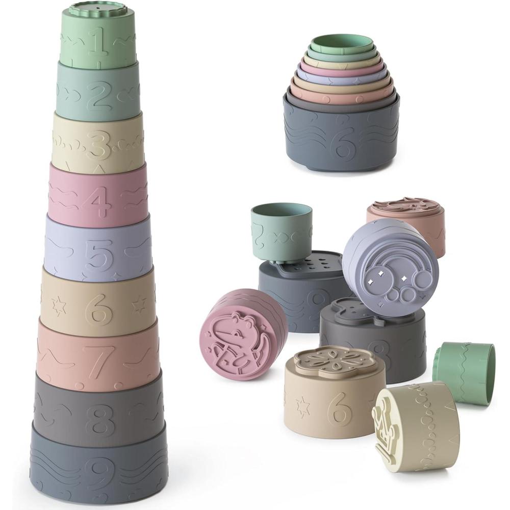 imageLot de 9 Jouet Tasses Empilable pour bb 12 18 Mois ducatif Enfant Construction Jeux Jouets de Bain pour Dvelopper La Motricit Fine et Couleurs ampamp Nombres Cadeau pour 6 Mois Garons Filles