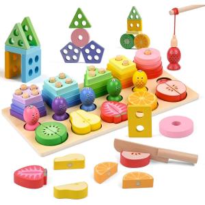 Jeux Montessori en Bois – Jouet à Empiler et de Tri Avec 20 Blocs Géométriques, Jeux de Pêche, Puzzles à Trier Les Formes – Cadeau pour Fille Garçon Bébés 2 3 4 Ans (B)(B)