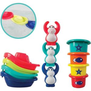 LUDI – Coffret de Bain XXL – Tortue Fontaine Lumineuse – Toboggans à Ventouse – Aspergeur – Bateau – Jeu de Bain – Imagination – Dès 18 Mois(Bateaux & Verres Gigognes)