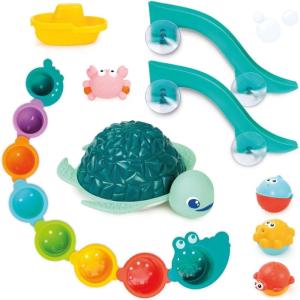 LUDI – Coffret de Bain XXL – Tortue Fontaine Lumineuse – Toboggans à Ventouse – Aspergeur – Bateau – Jeu de Bain – Imagination – Dès 18 Mois(Coffret de bain XXL)