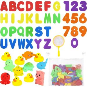 DERAYEE 50pcs Jouet de Bain, Jouet à emmener à la Plage – Petit Caoutchouc Canard Jaune Flottant – 36 Lettres et Chiffres en Mousse avec Filet de pêche et Sac de Rangement(Canard et Lettres)