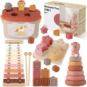 Jouet Bebe 6 Mois, 5-en-1 Jouet Montessori Bébé 6-12 Mois – Jeux d&rsquo;eveil Bebe 6-12 Mois avec Xylophone en Bois, Cubes à Empiler et Trieur de Formes,Jouet Sensoriel Cadeau Bebe Éducatif(5 IN 1 Rose)