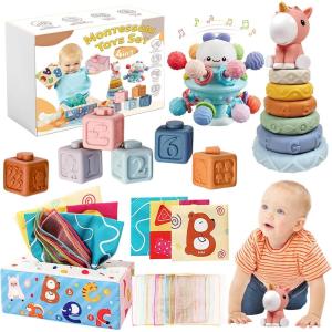 Jouet Bebe 6 Mois, 5-en-1 Jouet Montessori Bébé 6-12 Mois – Jeux d&rsquo;eveil Bebe 6-12 Mois avec Xylophone en Bois, Cubes à Empiler et Trieur de Formes,Jouet Sensoriel Cadeau Bebe Éducatif(4 IN 1)