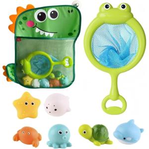 8 Pièces Jouet de Bain Bébé, Moxiewell Jeux de Bain avec Filet de Pêche et Sacs de Rangement, Animaux Jouets Flottants, Jouet de Piscine, Filet Jouet Bain Bébé pour Bébés Enfant 1 2 3 4 5 Ans (A)(A)